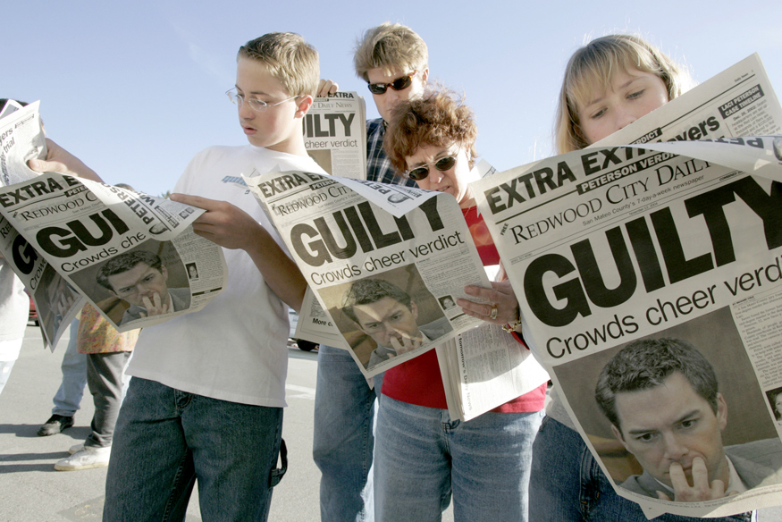 Photo Credit:  Wikipedia
Redwood City residents grab copies of the Extra with the Peterson verdict.