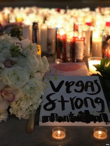 Signs and candles were made for the victims and families of the Las Vegas Shooting, October 1, 2017. 