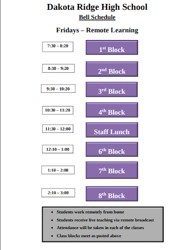 Friday synchronous remote learning schedule at Dakota Ridge High School gives students a structured day with all classes to attend. 