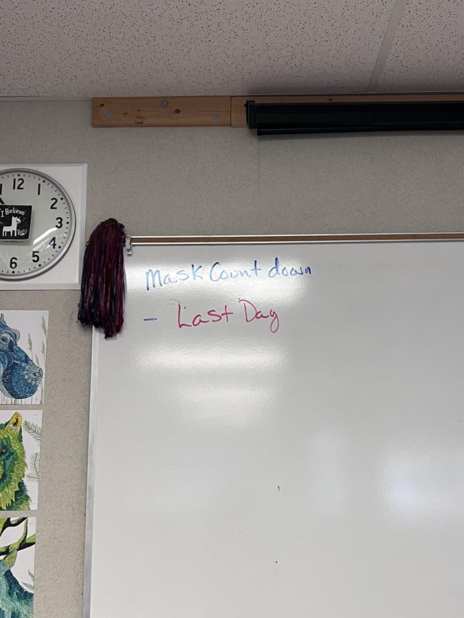 Mr. Paul Tschuor, a chemistry teacher at DRHS, has kept a count down on his whiteboard until the mask mandate is lifted. “Rest in peace masks,” Tschuor said.  