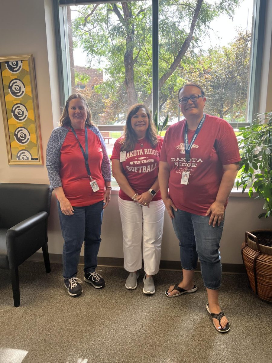 Staff members competed in Red.
Pictured are Ms. Hoy (left), Ms. Abeyta (middle), and Ms. Kelley (right).