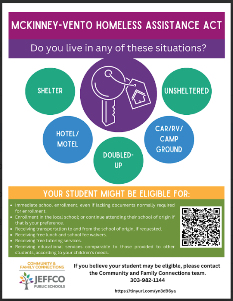 Jeffcos Homeless Assistance Act poster can also be found in Spanish. 

If you or anyone you know is dealing with these issues, use this link to go to the Jeffco Public Schools community and family connections website: https://www.jeffcopublicschools.org/programs
