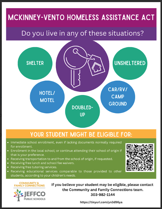 Jeffcos Homeless Assistance Act poster can also be found in Spanish. 

If you or anyone you know is dealing with these issues, use this link to go to the Jeffco Public Schools community and family connections website: https://www.jeffcopublicschools.org/programs
