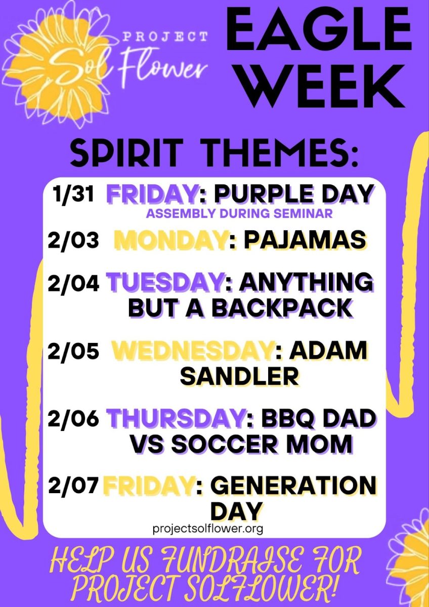 The poster for Eagle Week shows the dress-up day themes. 