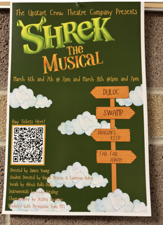 Shrek The Musical posters around DRHS, you can scan the QR code to buy tickets.