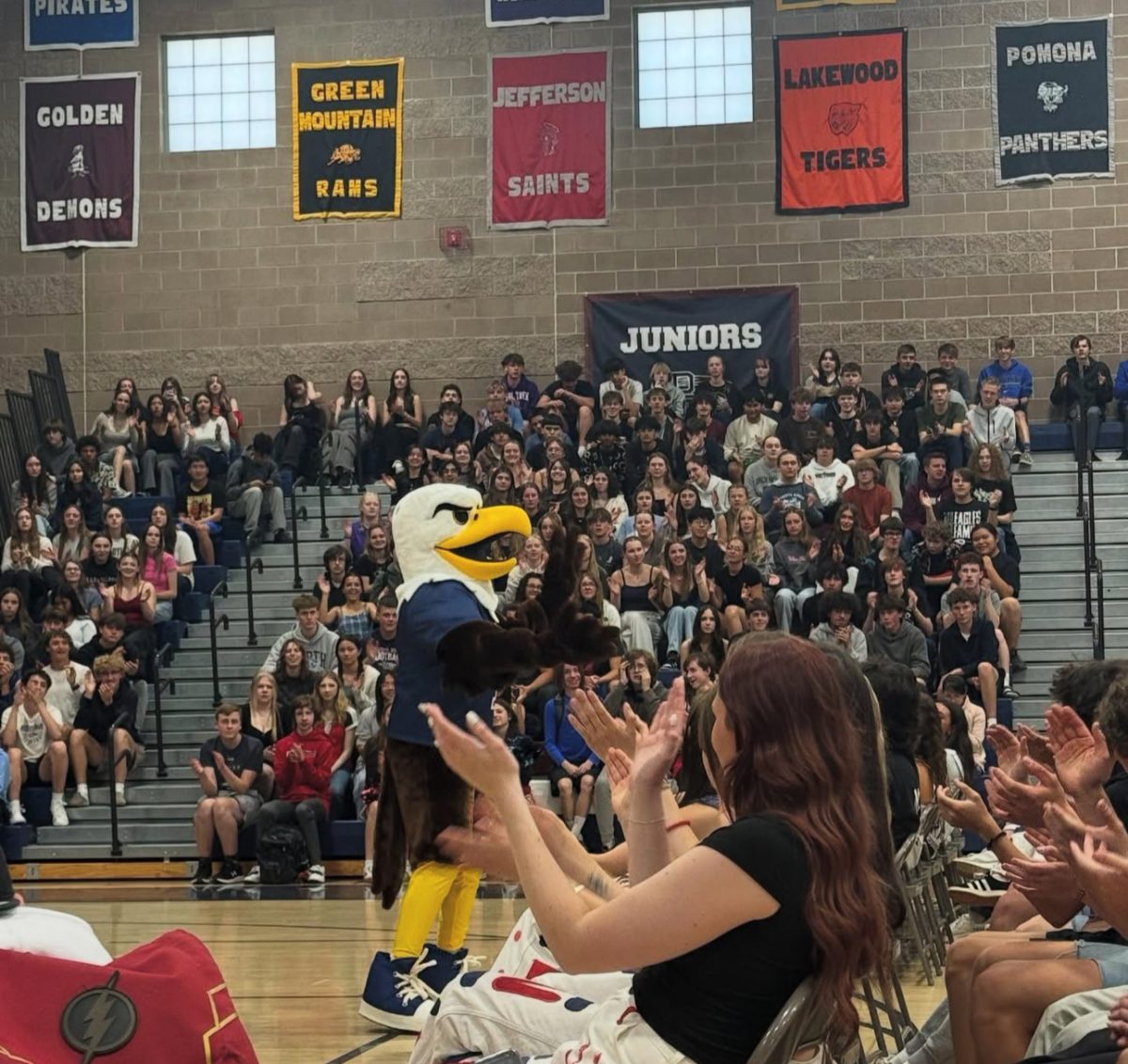 During the May 2, 2025 moving up ceremony, the Dakota Ridge mascot, Swoop, makes an appearance with his new look. 